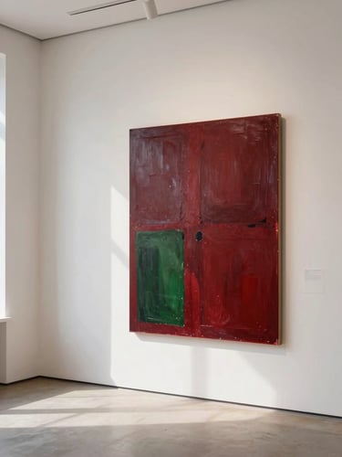 Elegant art gallery interior with soft natural light, a large abstract canvas with deep crimson tones hanging on a crisp white wall, editorial 35mm photography