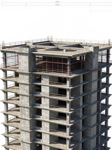 Sharp architectural drawing of a high-rise foundation, technical blueprint overlay with concrete gray tones, clean daylight casting sharp shadows on architectural details