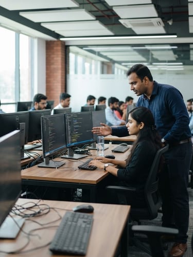 Bright modern computer lab in Trivandrum, students actively working on screens with an instructor guiding them, cool natural daylight, professional corporate tone, shallow depth of field, 35mm