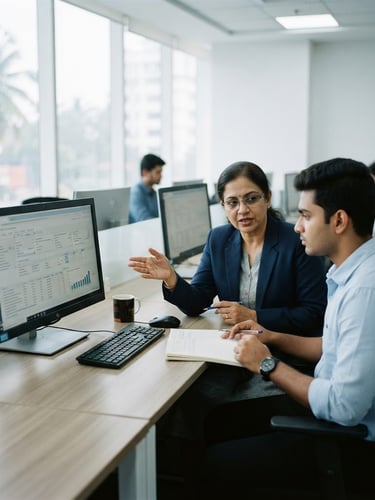 Bright modern computer lab setting in Trivandrum, an accounting instructor explaining SAP FICO ledgers to a focused student, cool natural daylight, professional corporate tone, 35mm.
