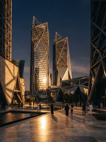 Cinematic golden hour architectural shot of modern Riyadh financial district skyscrapers, sharp geometric shadows, warm light reflecting on marble, luxury editorial feel