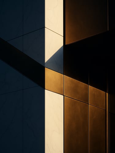Close-up abstract architectural detail of modern Saudi corporate headquarters, golden hour shadows casting sharp geometric lines on premium white marble and brass, cinematic low-key lighting.