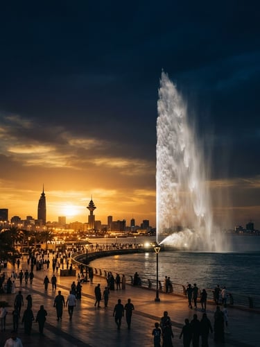 Cinematic golden-hour Jeddah Corniche with King Fahd Fountain, dramatic low-key lighting with high contrast, rich dark navy tones, 35mm anamorphic lens