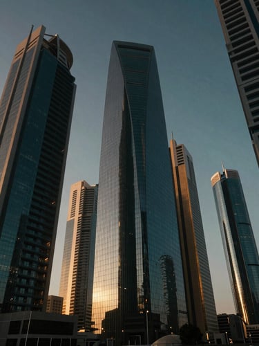Low-angle architectural shot of modern Riyadh financial district skyscrapers during golden hour, dramatic shadows, premium glass and steel textures, cinematic low-key lighting