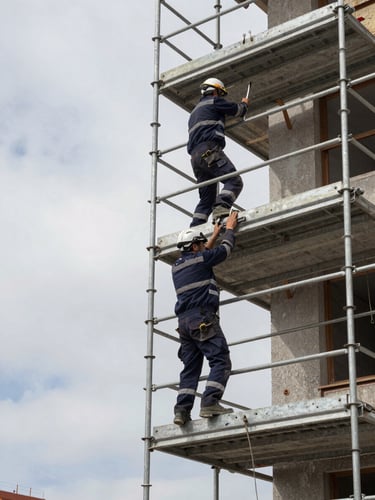 Wide panoramic job site in Valladolid, two workers in navy company uniforms ascending steel scaffolding on a residential building exterior, one worker gripping a pipe wrench mid-task, overcast natural daylight eliminating harsh shadows, building facade filling the right two-thirds of the frame, open sky to the left