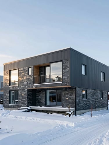 Crisp exterior architectural photograph of a modern, winter-proof duplex in Alaska, framed against a clean snowy landscape and low northern sun.