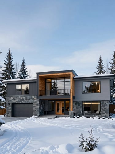 Wide-angle exterior of a luxury modern timber-and-steel home in Anchorage, surrounded by snow-dusted spruce trees under a crisp blue northern sky.