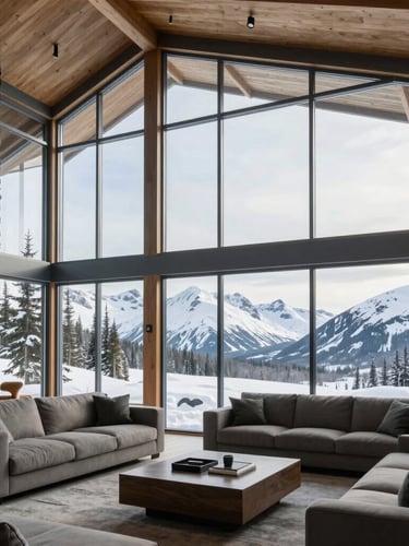 Crisp wide-angle architectural shot of a modern Alaskan living room with floor-to-ceiling windows showing snow-capped mountains, cool daylight.