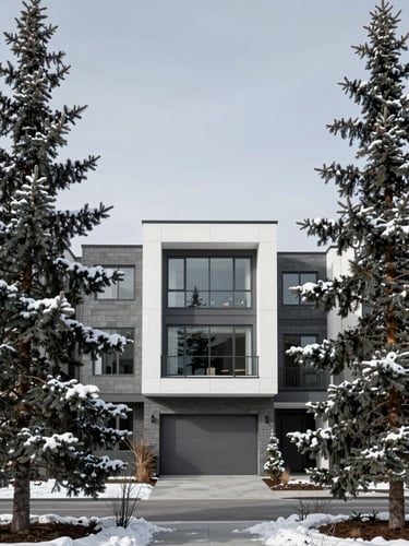Crisp architectural exterior of a modern luxury townhouse in Anchorage, framed by snow-dusted spruce trees and a cool slate-grey sky, bright natural northern daylight, professional editorial
