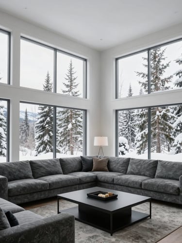 Crisp architectural photography of a modern Alaskan living room with clean lines, large windows showing snow-covered spruce trees outside, bright natural northern daylight, cool slate and spruce tones.