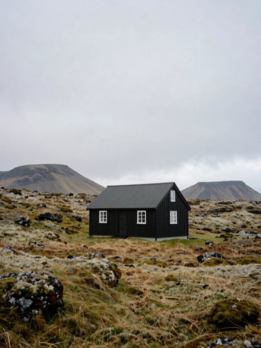 Wide landscape framing, soft diffused overcast daylight. A quiet, empty wooden cottage built of dark timber sits nestled in low volcanic hills covered in moss, distant mountains under a heavy grey sky.