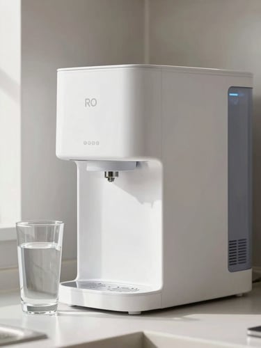 Straightforward eye-level shot of a clean white RO water purifier unit installed on a kitchen wall, bright natural daylight, clear water glass nearby.