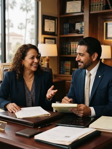 Warm editorial portrait of professional Hispanic attorneys in a Downey office, soft natural studio light, deep navy and gold tones, confident and empathetic expressions, 35mm