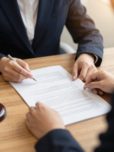 Close-up of a legal consultation in a warm office, hands reviewing documents on a wooden desk, soft warm light, professional editorial style