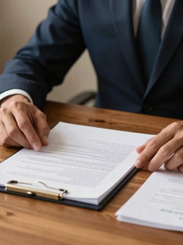 Close-up of hands reviewing legal documents and medical reports on a wooden desk, warm soft key light, professional law office environment, 35mm