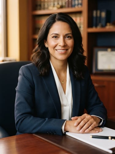 Professional studio portrait of a Hispanic personal injury attorney in a dark navy suit, warm gold lighting, looking confident and empathetic, 35mm
