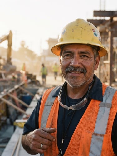 Portrait of a hardworking Hispanic construction worker in Downey wearing a safety vest and helmet, looking confident and dignified, warm natural sunlight, 35mm photography