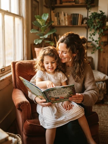 A warm environmental portrait of a mother and child reading together in a sunlit room, soft natural golden-hour light, rich earthy tones, shallow depth of field.