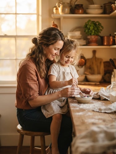 A mother and child sharing a quiet moment in a sunlit kitchen, authentic editorial photography, soft natural golden-hour light, rich earthy tones, shallow depth of field.