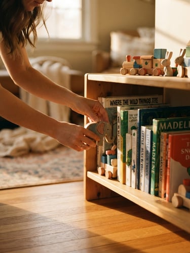 Close-up detail of hands gently organizing colorful children's books and wooden toys on a low shelf, soft golden-hour light streaming across the warm wooden floor, shallow depth of field, authentic and hopeful moment.