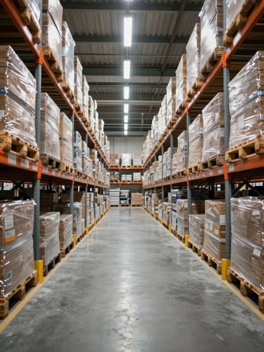Wide warehouse interior at midday, tall shelving rows receding into depth under industrial fluorescent lights, palletized cargo stacked with visible organization, clean concrete floor with marked lanes, no people