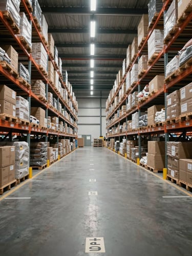 Wide interior shot of a large logistics warehouse with clear sight lines, organised pallet racks receding to the far wall under industrial fluorescent lighting, no workers, high ceilings visible, floor markings and aisle labels in sharp focus
