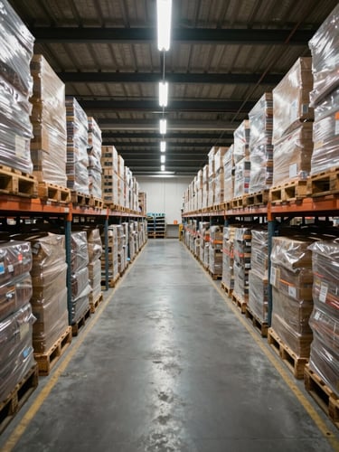 Wide-angle warehouse interior with clear sight lines, uniformly stacked pallets under industrial fluorescent lighting, organized cargo bays receding into the distance, overhead perspective showing precise grid arrangement of goods