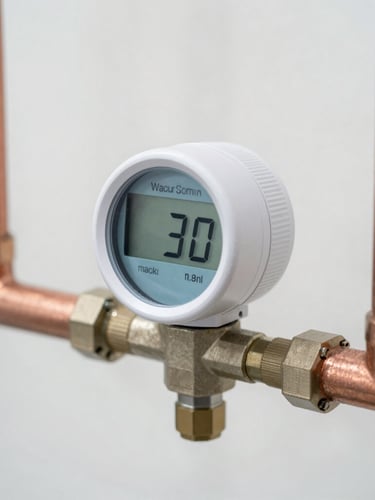 Close-up of a modern digital water meter installed on a clean copper pipe, bright neutral daylight, sharp focus on the digital display showing cubic meters, professional technical photography.