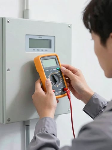 Close-up of a professional technician in clean workwear testing a modern wall-mounted security control panel with a digital multimeter, bright daylight, sharp focus.
