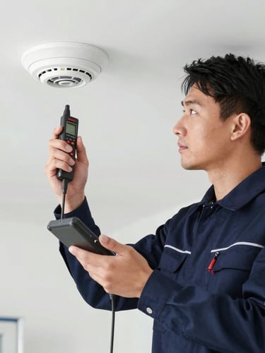 A certified technician in clean dark blue workwear inspecting a smoke detector on a ceiling, holding a professional test device, bright daylight, realistic setting
