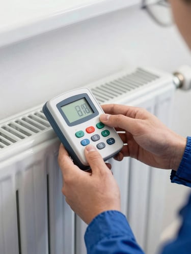 A professional technician in clean workwear calibrating a digital heat cost allocator on a radiator, close-up, sharp focus, technical style