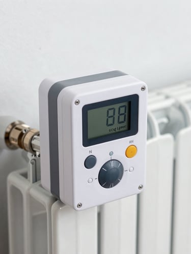 Close-up of a modern digital heat cost allocator mounted on a white radiator, sharp focus, clean technical photography, bright neutral daylight