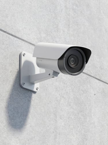 Sleek modern security camera mounted on a clean concrete wall, sharp focus, technical lighting, cool corporate tones.