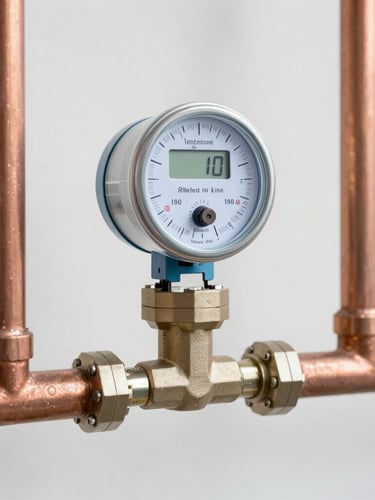 Straight-on technical shot of a modern digital water meter mounted on clean copper pipes, bright neutral daylight, crisp details, professional industrial style