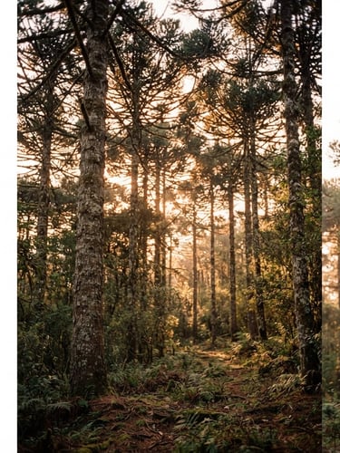 Wide-angle portrait of native Araucaria trees in the Serra Gaúcha forest, warm golden-hour sunlight filtering through the branches, soft earthy forest floor, 35mm film look