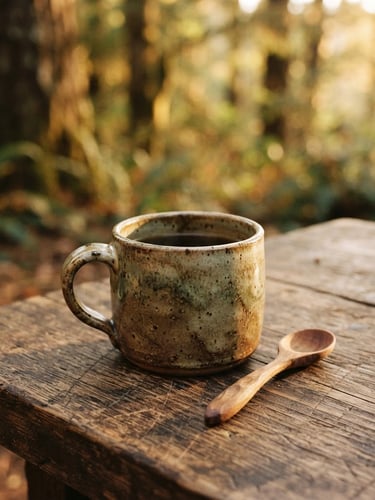 Close-up of a rustic wooden table with a handmade ceramic cup under warm golden light, soft forest background, 35mm film style