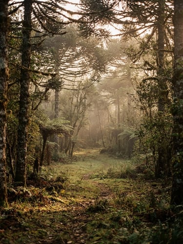 A quiet clearing in the Serra Gaúcha forest at golden hour, warm light filtering through Araucaria pine branches, soft mist, 35mm film look.