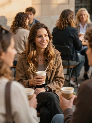 Candid lifestyle photography of a warm community gathering in Barcelona, soft golden-hour natural light, people chatting with coffee cups, 35mm lens, inviting earthy tones.