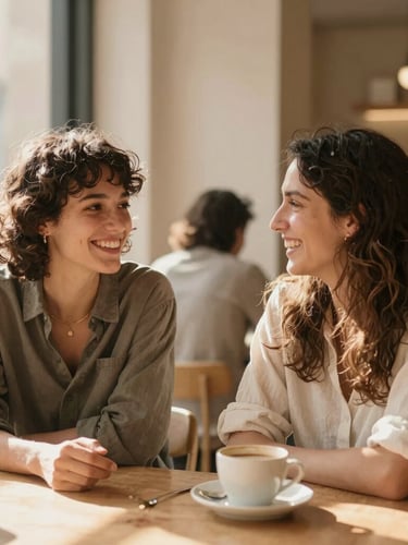 Candid portrait of two people smiling and talking in a bright, modern Barcelona cafe, soft natural light, warm earthy tones, lifestyle photography.