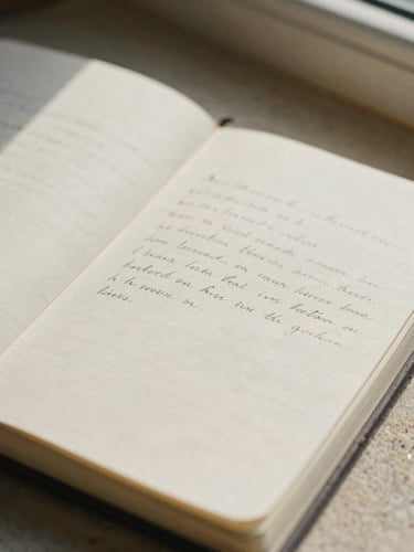 Close-up of an open linen journal with handwritten notes on a stone surface, warm afternoon sunlight casting soft shadows, 35mm film style.