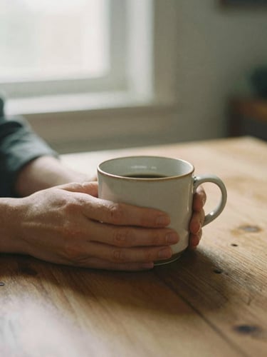 Hands holding a warm ceramic mug on a wooden table, soft morning window light, earthy muted tones, shallow depth of field, 35mm film