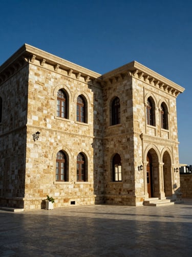 Wide-angle architectural photograph of traditional Lebanese stone villa in Beirut, high-contrast afternoon sunlight casting sharp geometric shadows, negative space on the right.