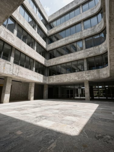 A high-contrast, wide-angle shot of a brutalist concrete corporate headquarters interior in Beirut, natural light casting deep shadows across polished stone floors.