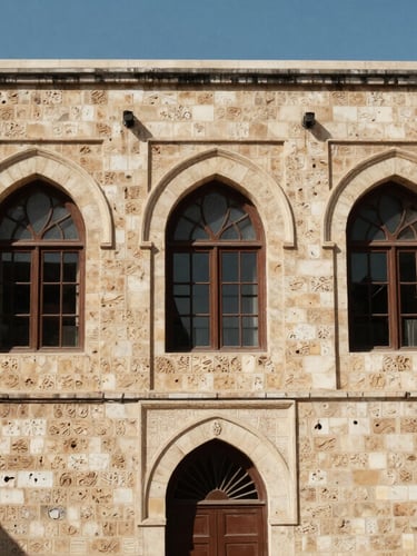 Wide view of authentic Lebanese stone architecture in Beirut, showcasing historic arched windows and textured stone facades under sharp natural daylight.
