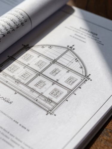 Detailed close-up of architectural blueprints and official registry documents with elegant Arabic script, high-contrast natural daylight with deep shadows, shallow depth of field
