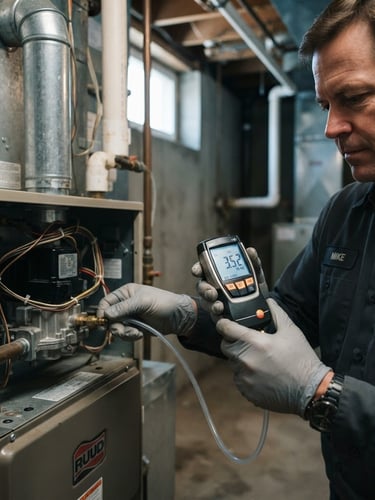 Close-up of a technician checking a residential furnace with a digital manometer, natural utility room lighting, cool industrial tones, sharp focus, 35mm lens