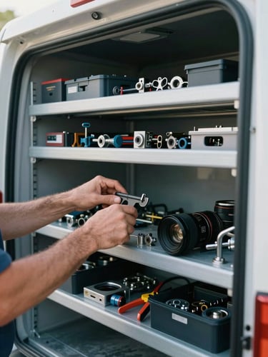 NATE-certified technician's hands organizing tools and parts inside a well-stocked service truck, natural daylight, cool industrial tones, sharp focus, 35mm lens, portrait aspect.