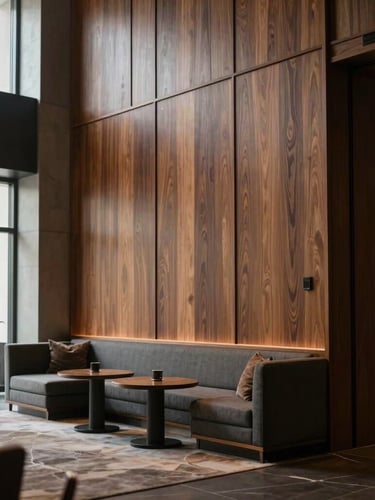 A wide-angle architectural elevation of a luxury hotel lobby featuring custom walnut wall panels and integrated seating, soft natural light