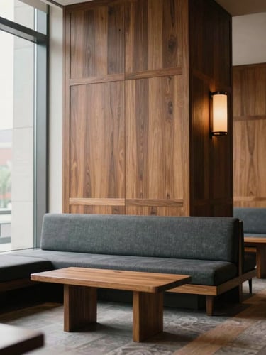 A straight-on architectural elevation of a luxury hotel lobby featuring bespoke walnut paneling and structural timber lounge seating, bathed in soft morning window light, 35mm photography