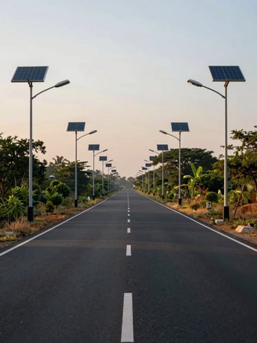 Close-up golden-hour photograph of a well-paved black-top road through Sulur township, solar street lights installed on both sides, road markings fresh, open sky and green roadside trees framing the vanishing point ahead